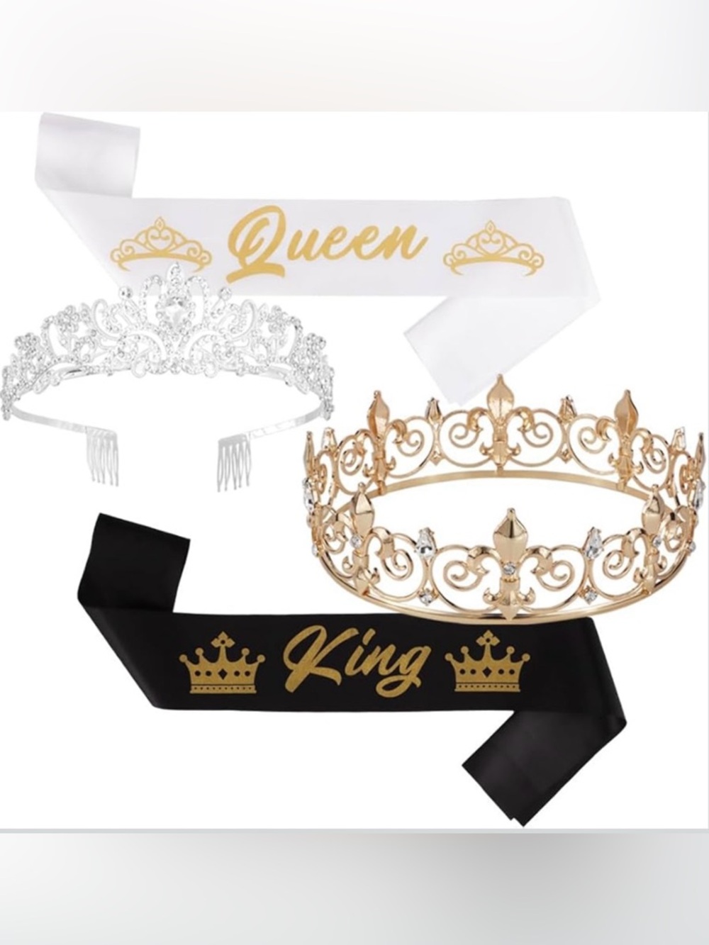 Gold and White Royal Crowns and Sashes Set - King & Queen-Prom
